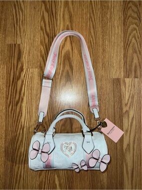 Juicy Couture White & Pink Butterfly Barrel Satchel with Web Strap